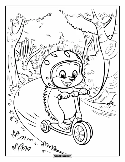 Coloriage de hérisson pour enfants : Un hérisson heureux fait de la trottinette avec un panier dans une forêt tranquille
