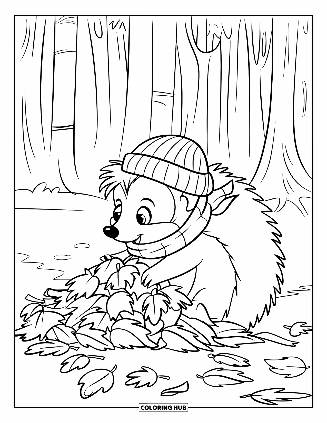 Hedgehog Coloring Page for Kids: A happy hedgehog wearing a beanie builds a leaf pile in the forest