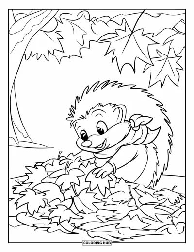 Coloriage de hérisson pour enfants : Un hérisson avec une écharpe douillette ramasse des feuilles dans une forêt d'automne