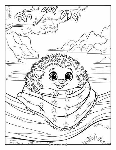 Coloriage de hérisson pour enfants : Un hérisson se blottit dans une couverture sur une branche au-dessus d'un paysage paisible