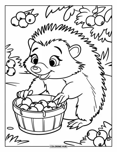 Coloriage de hérisson pour enfants : Un hérisson ramasse des baies dans un panier entouré de buissons feuillus