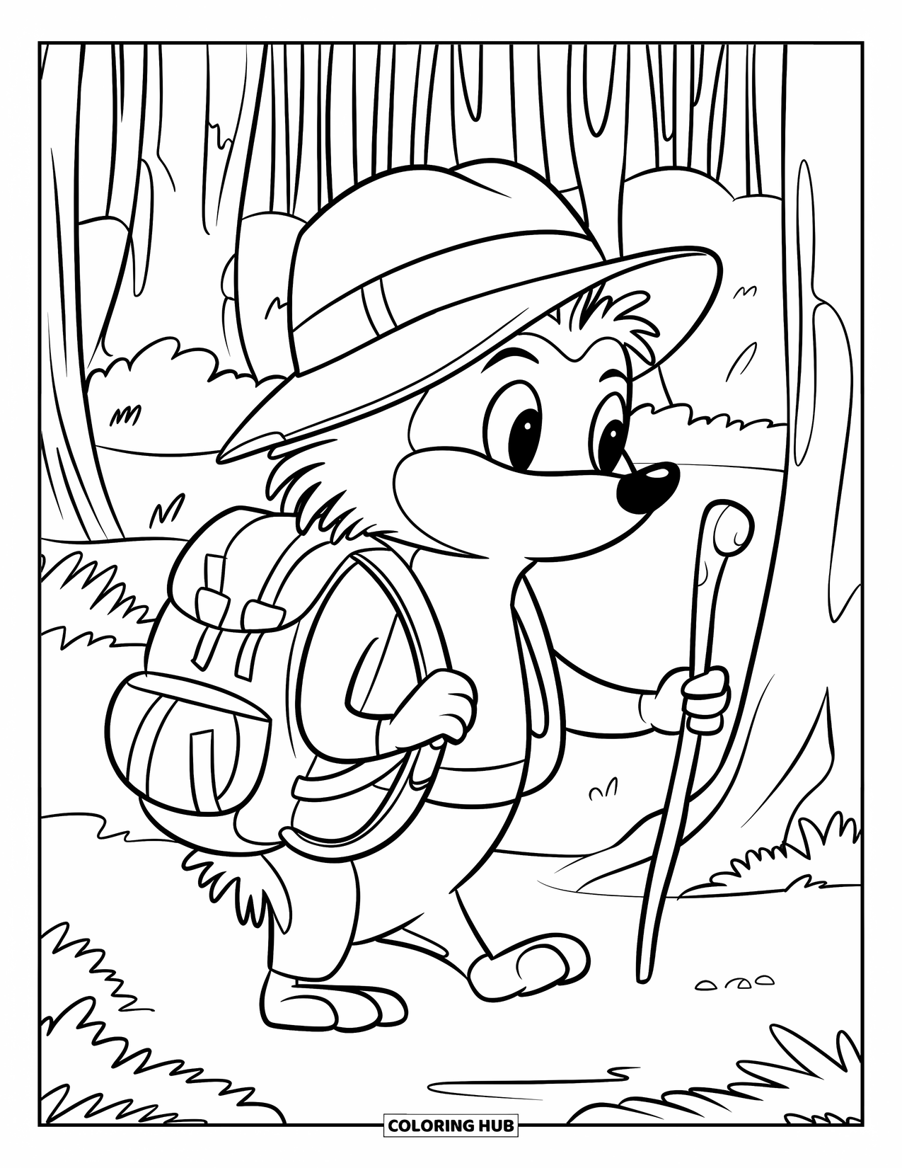 Hedgehog Coloring Page for Kids: A hedgehog hikes through the woods with a backpack and walking stick