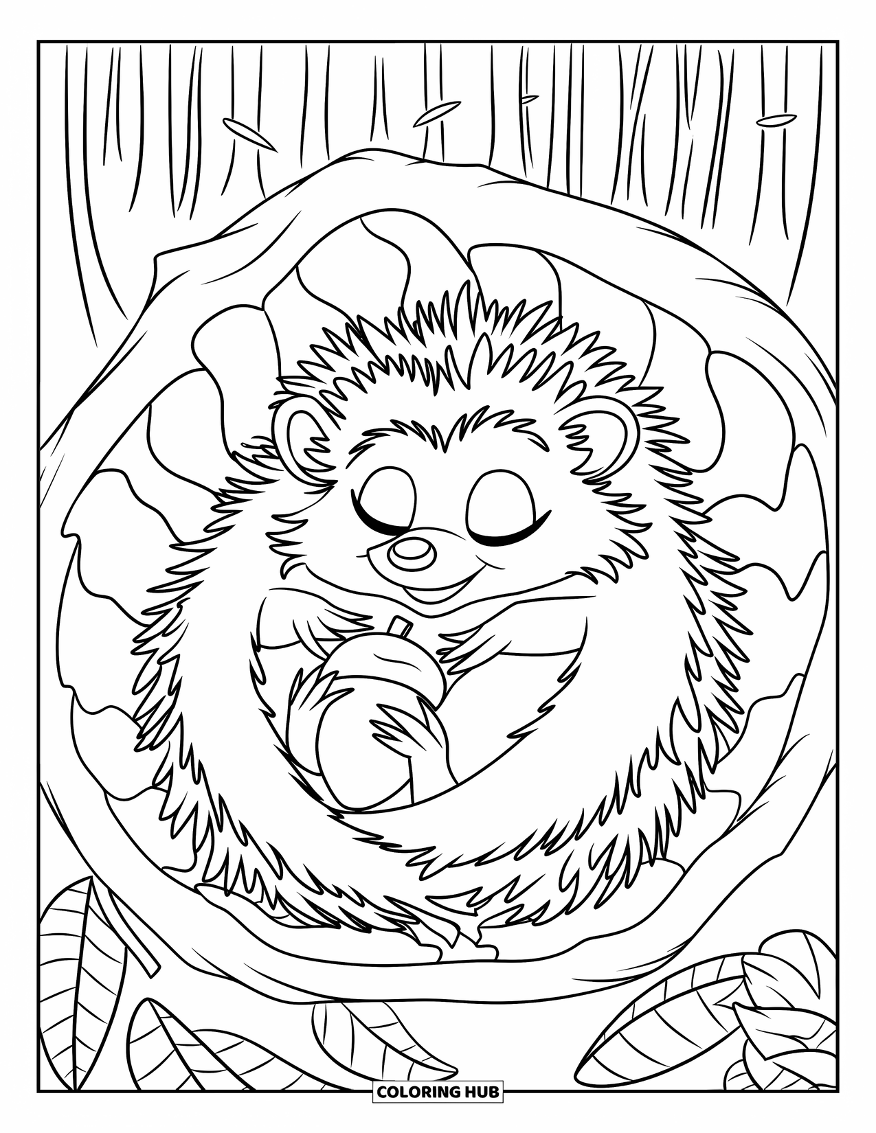 Hedgehog Coloring Page for Kids: A hedgehog holding an acorn naps in a leafy forest hollow