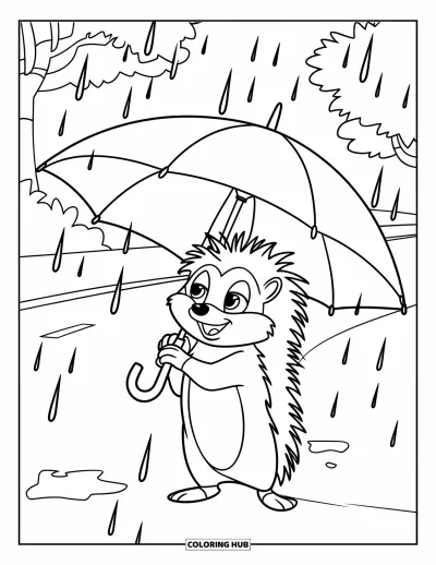 Coloriage de hérisson pour enfants : Un hérisson tient un grand parapluie sous la pluie sur une route bordée d'arbres