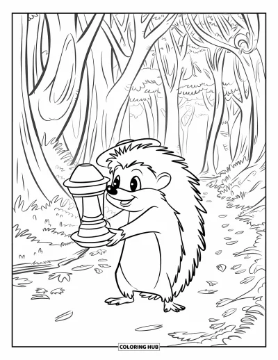 Coloriage de hérisson pour enfants : Un hérisson tient une lanterne sur un sentier forestier éclairé par de grands arbres et des feuilles tombées