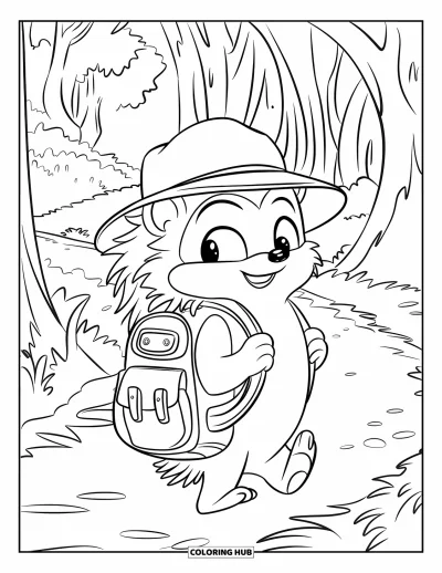 Coloriage de hérisson pour enfants : Un hérisson avec un sac à dos explore un sentier rustique entre les arbres de la forêt