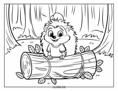 Coloriage de hérisson pour enfants : Un hérisson chapeau et chemise est assis dans un tronc recouvert de lianes dans les bois