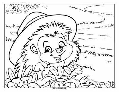 Coloriage de hérisson pour enfants : Un hérisson coiffé d'un chapeau observe depuis derrière des fleurs dans une prairie ensoleillée