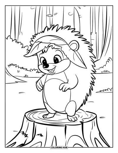 Coloriage de hérisson pour enfants : Un hérisson coiffé d'un chapeau de feuilles se tient gaiement sur une souche