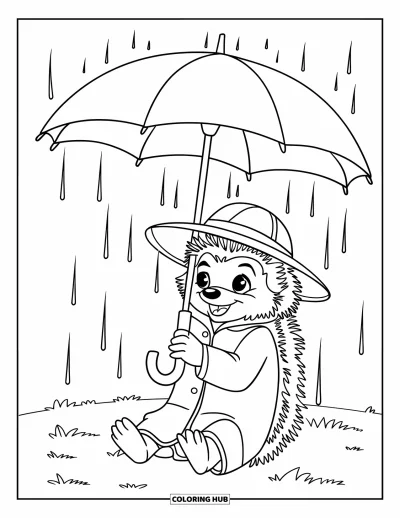 Coloriage de hérisson pour enfants : Un hérisson en imperméable est assis sous un parapluie dans un champ herbeux