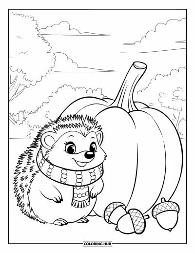 Coloriage de hérisson pour enfants : Un hérisson écharpe sourit près d'une citrouille dans un cadre feuillu et serein