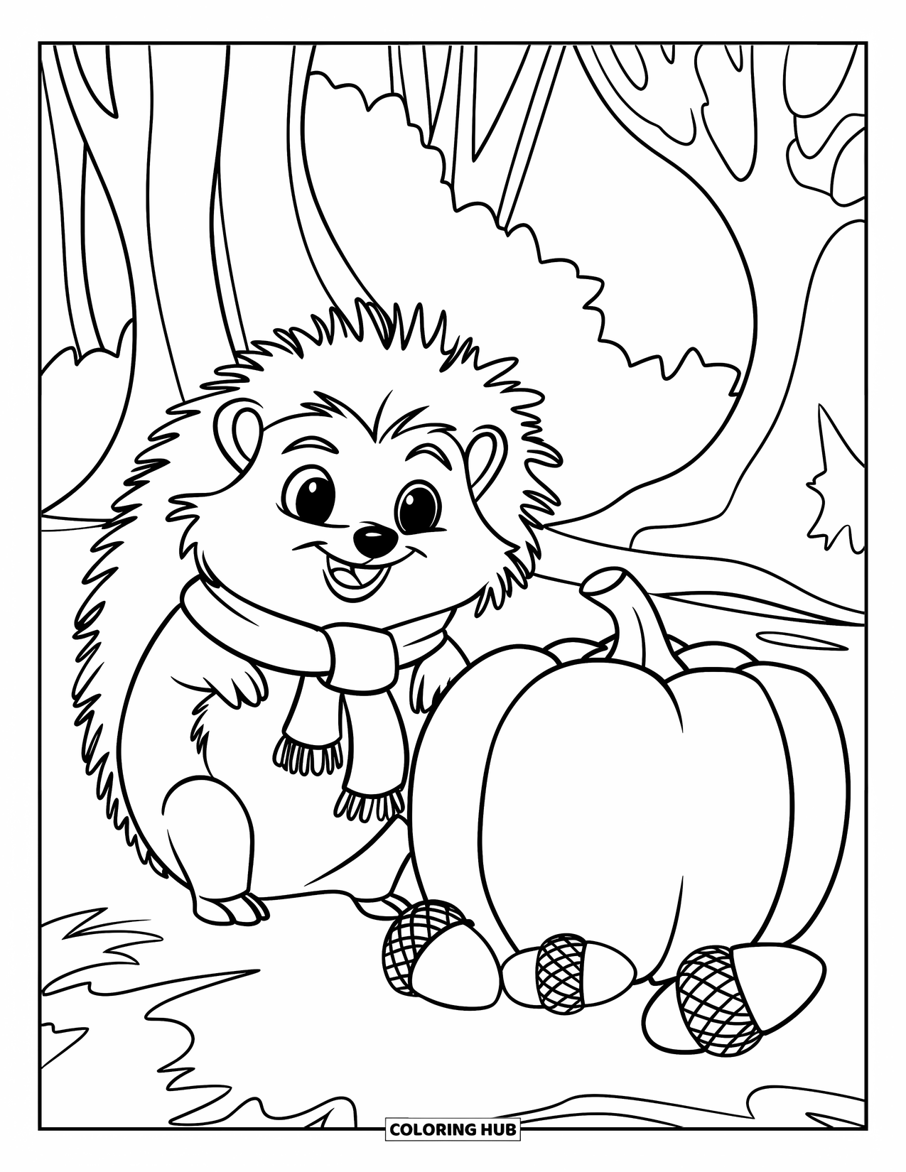 Hedgehog Coloring Page for Kids: A hedgehog in a scarf stands by a pumpkin and acorns in a forest