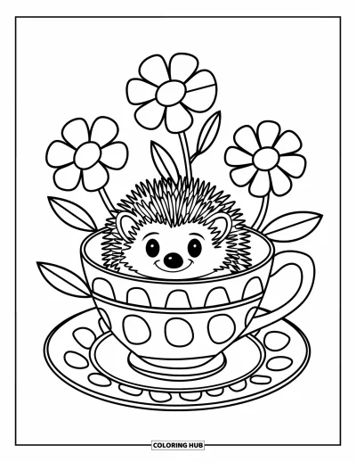 Coloriage de hérisson pour enfants : Un hérisson dans une tasse à thé est entouré de fleurs dans un style expressif et moderne
