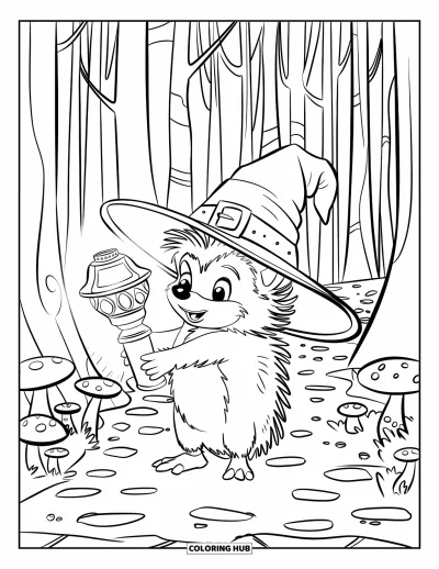 Coloriage de hérisson pour enfants : Un hérisson coiffé d'un chapeau de sorcier explore un chemin de pierres éclairé par une lanterne et des champignons