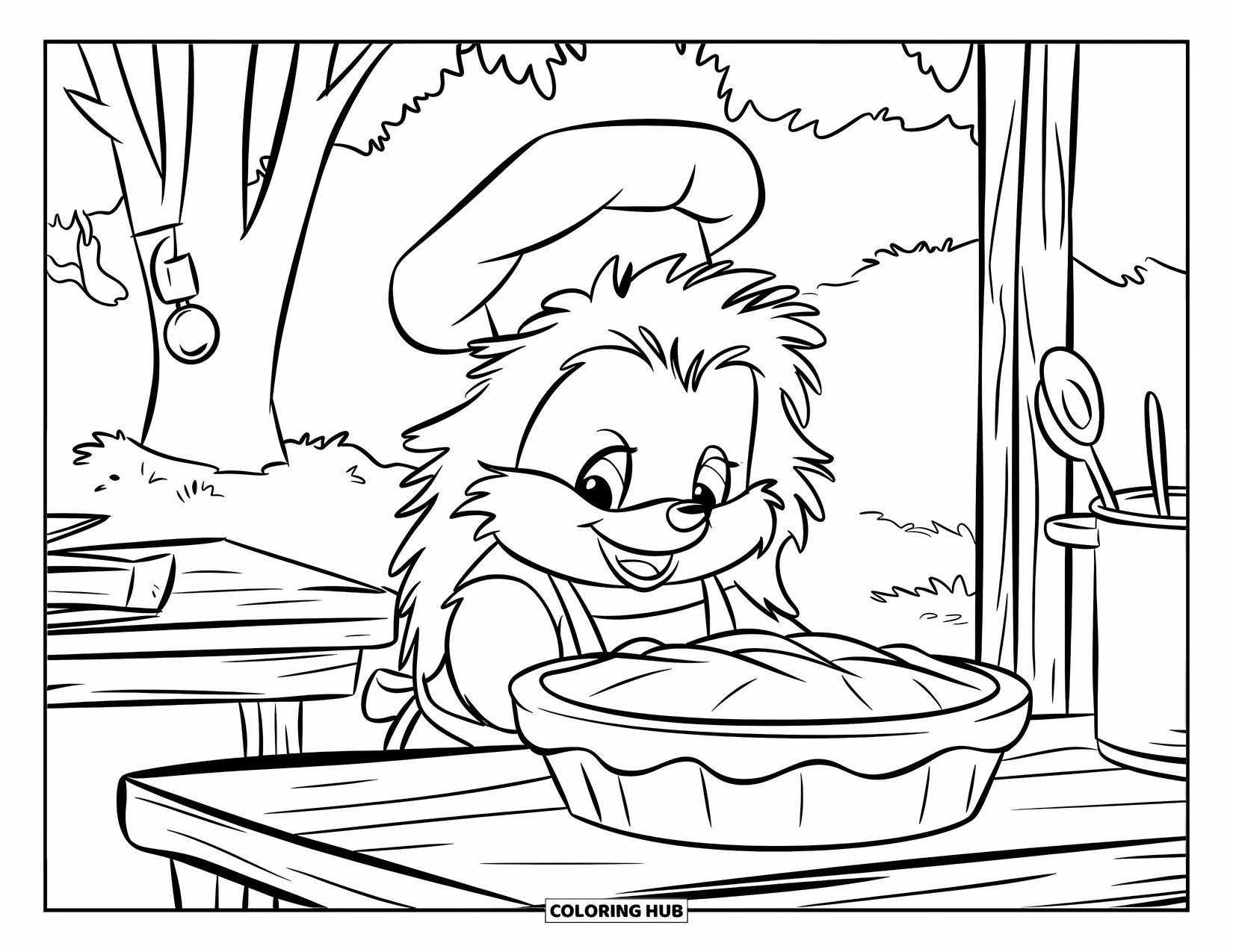 Hedgehog Coloring Page for Kids: A hedgehog in an apron bakes pumpkin pie in a cozy outdoor kitchen