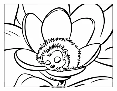 Coloriage de hérisson pour enfants : Un hérisson fait la sieste à l'intérieur d'une grande fleur aux pétales doux et généreux