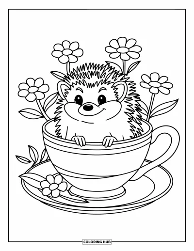 Coloriage de hérisson pour enfants : Un hérisson se détend dans une tasse à thé entourée de jolies fleurs