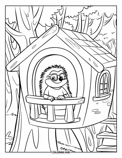 Coloriage de hérisson pour enfants : Un hérisson se repose sur le balcon d'une cabane dans les arbres au cœur de la forêt