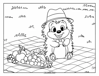 Coloriage de hérisson pour enfants : Un hérisson s'installe près d'une nappe de pique-nique garnie de fruits et de fleurs