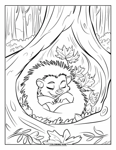 Coloriage de hérisson pour enfants : Un hérisson dort paisiblement sous des feuilles d'automne dans un recoin de forêt