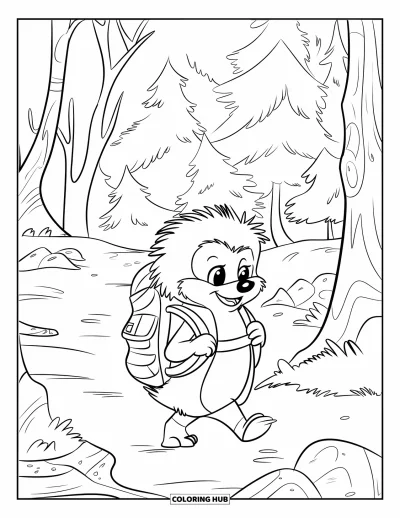 Coloriage de hérisson pour enfants : Un hérisson marche sur un sentier feuillu avec un sac, un chapeau et un chemin rocailleux