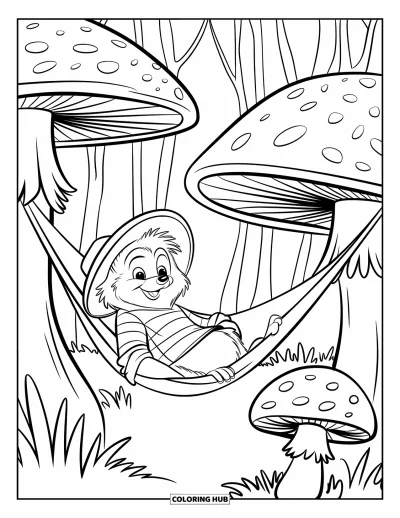 Coloriage de hérisson pour enfants : Un hérisson coiffé d'un chapeau se balance dans un hamac fait d'un champignon en forêt