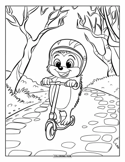 Coloriage de hérisson pour enfants : Un hérisson souriant avance en trottinette sur des pavés sous des arbres dénudés