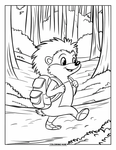 Coloriage de hérisson pour enfants : Un hérisson avec un sac à dos chemine sur un sentier forestier sous de grands arbres