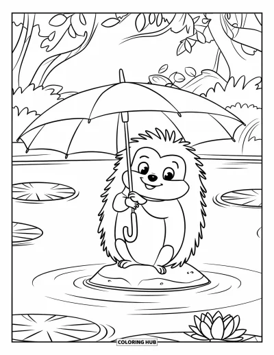 Coloriage de hérisson pour enfants : Un hérisson avec un parapluie est assis sur un rocher dans un lac entouré de nénuphars