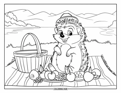 Coloriage de hérisson pour enfants : Un hérisson tranquille est assis près d'un pique-nique avec un panier et une vue sur les montagnes