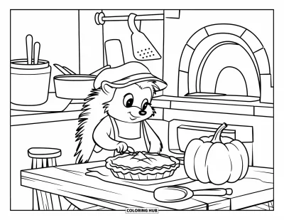 Coloriage de hérisson pour enfants : Un hérisson prépare une tarte près d'une table en bois et d'un four à briques en plein air