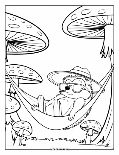 Coloriage de hérisson pour enfants : Un hérisson détendu se prélasse dans un hamac suspendu entre deux grands champignons