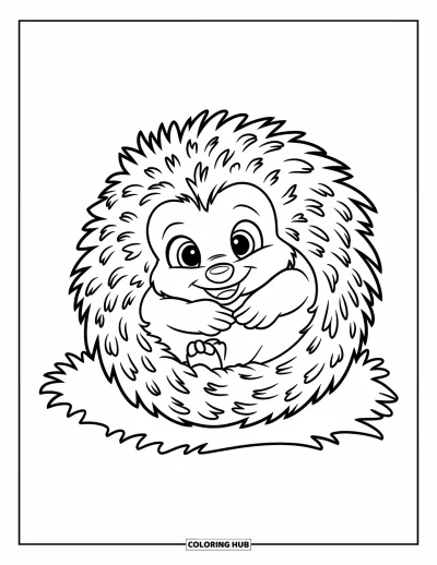 Coloriage de hérisson pour enfants : Un bébé hérisson au visage rond fait la sieste dans l'herbe près de quelques fleurs