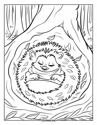 Coloriage de hérisson pour enfants : Un hérisson écharpe fait la sieste dans un creux feuillu avec de petits animaux de la forêt
