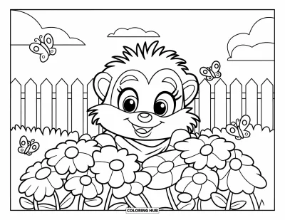 Coloriage de hérisson pour enfants : Un hérisson avec une écharpe observe depuis derrière des fleurs pendant que des papillons volettent