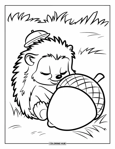 Coloriage de hérisson pour enfants : Un hérisson somnolent avec un petit chapeau se repose près d'un immense gland dans un champ herbeux