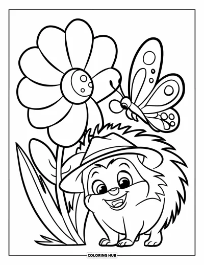 Coloriage de hérisson pour enfants : Un hérisson souriant coiffé d'un chapeau se repose près d'une grande fleur et d'un papillon bienveillant