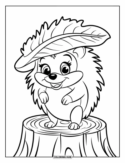 Coloriage de hérisson pour enfants : Un hérisson souriant coiffé d'un chapeau de feuilles se tient fièrement sur une souche