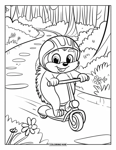 Coloriage de hérisson pour enfants : Un hérisson souriant en trottinette glisse sur un sentier forestier bordé de fleurs