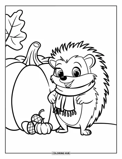 Coloriage de hérisson pour enfants : Un hérisson souriant avec une écharpe se tient près d'une citrouille et de glands éparpillés