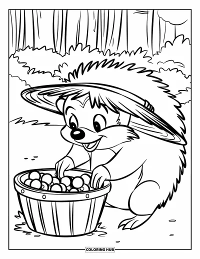 Coloriage de hérisson pour enfants : Un hérisson chapeau de paille cueille des baies près de grands arbres forestiers