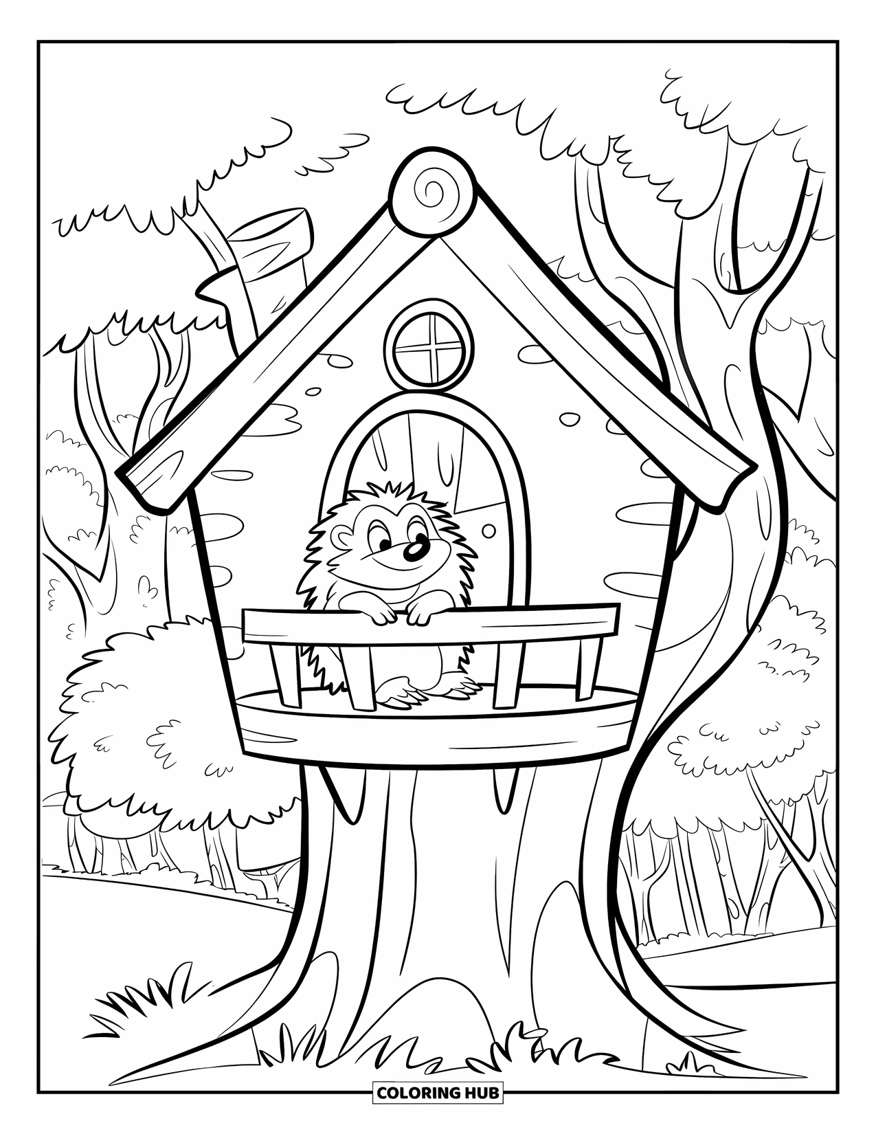 Hedgehog Coloring Page for Kids: A tiny hedgehog enjoys the view from a treehouse balcony surrounded by trees