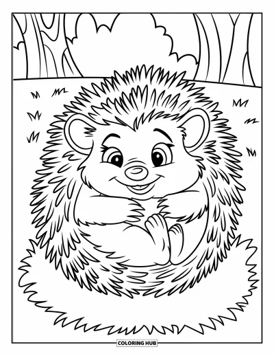Coloriage de hérisson pour enfants : Un petit hérisson aux piquants pointus se roule en boule sur l'herbe