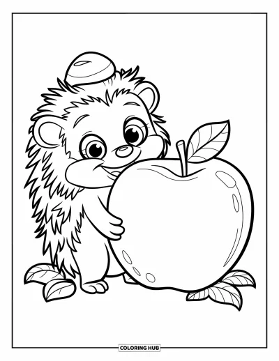 Coloriage de hérisson pour enfants : Un hérisson aux grands yeux et petit chapeau tient une énorme pomme entourée de feuilles