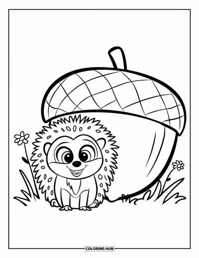 Coloriage de hérisson pour enfants : Un hérisson aux grands yeux est assis à côté d'un grand gland et de petites fleurs sur l'herbe