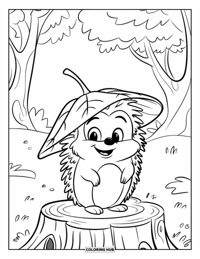 Coloriage de hérisson pour enfants : Un hérisson souriant coiffé d'un chapeau de feuilles se tient fièrement sur une souche