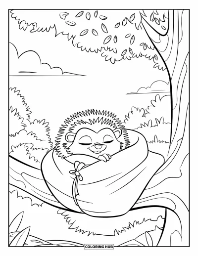 Coloriage de hérisson pour enfants : Enroulé dans une couverture, un hérisson fait la sieste sur une branche dans une forêt paisible