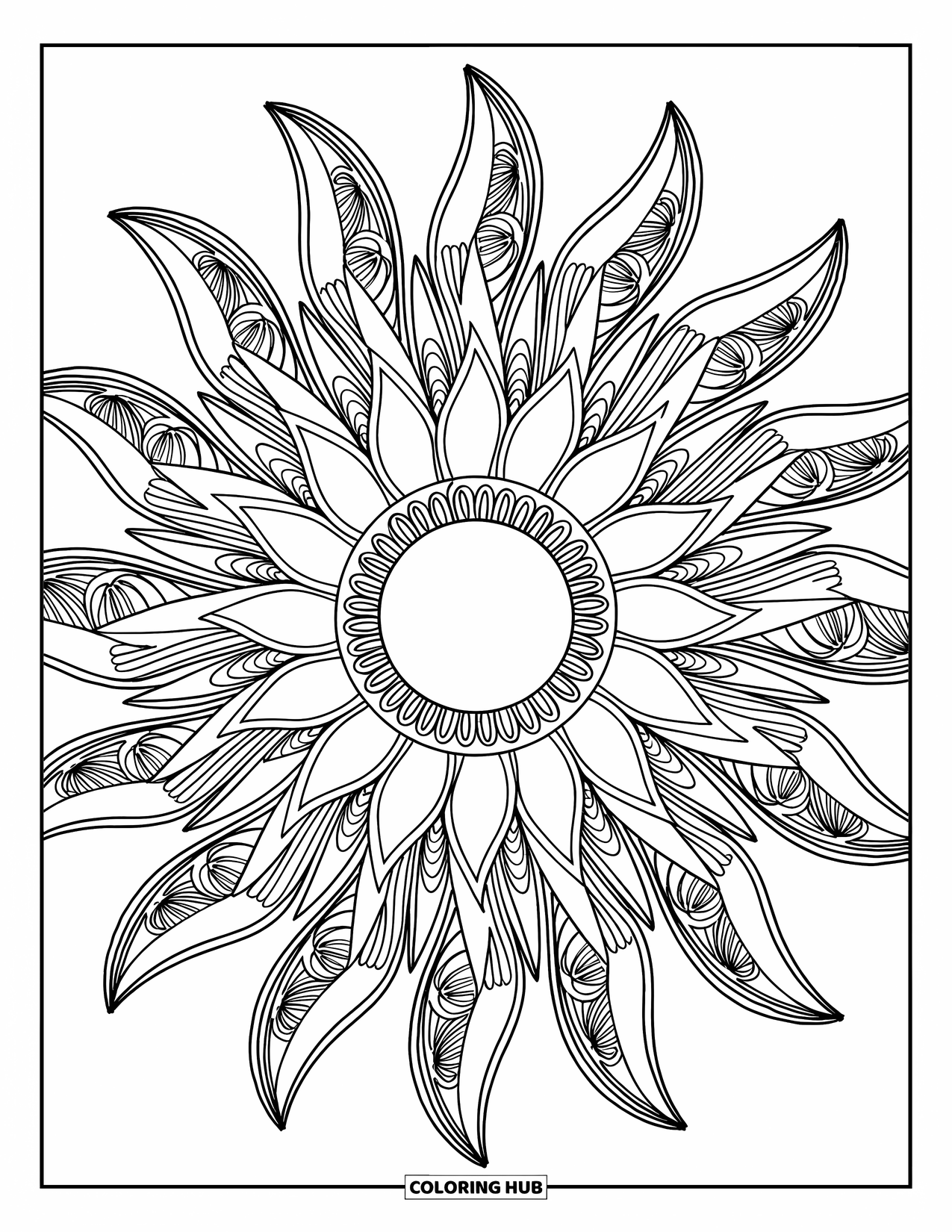 Hippie Kleurplaat voor Volwassenen: Een boho mandala-zon schijnt met geometrische vormen en wervelende stralen
