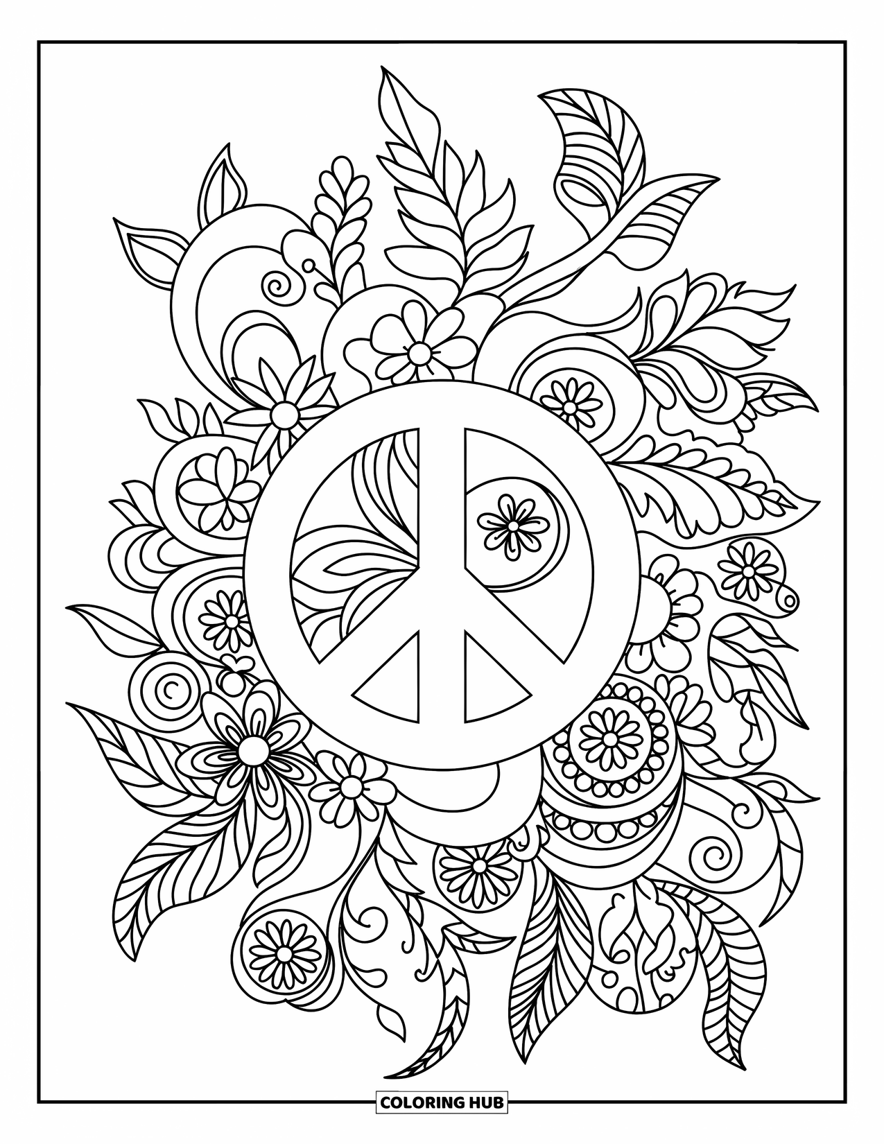 Hippie Kleurplaat voor Volwassenen: Een centraal vredesteken bloeit met lagen bloemen en wervelende bladmotieven