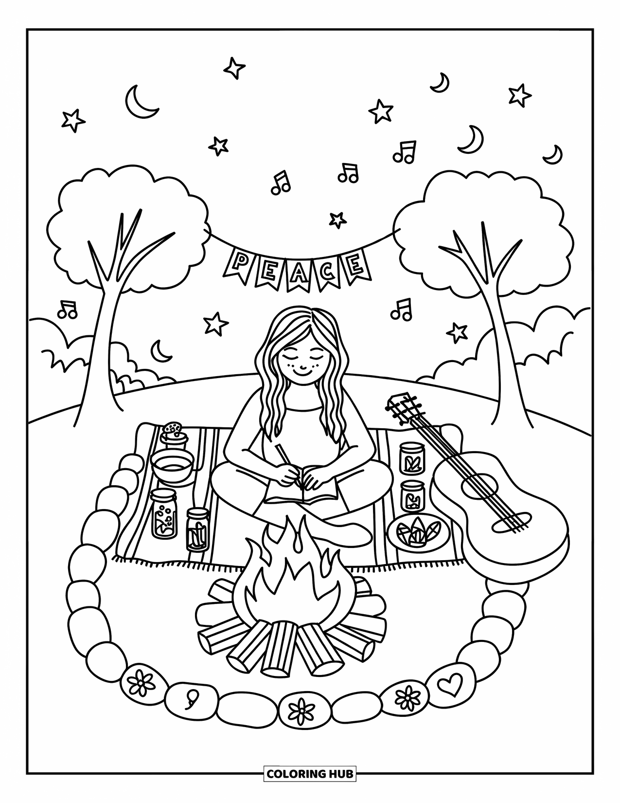 Hippie Kleurplaat voor Volwassenen: Een gezellige kampvuurscène met een dagboek, gitaar en vredesbanner in de bomen
